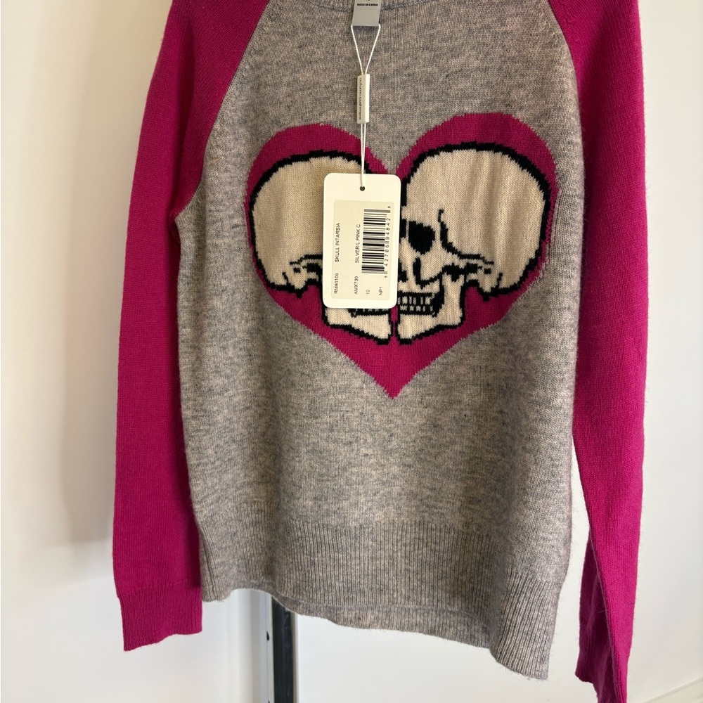 A Autumn Cashmere Kids Skull Heart Intarsia Sweater Gray Pink Size 10